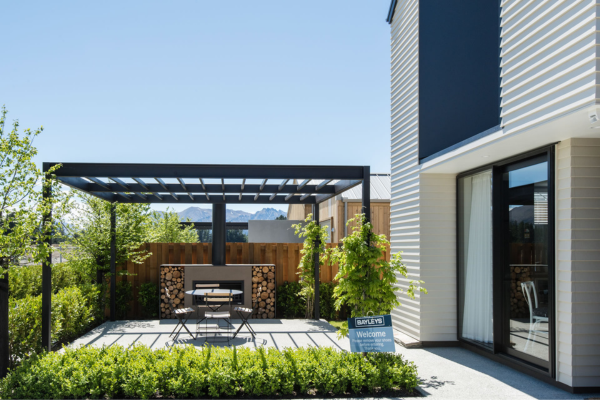 Backyard courtyard with fireplace