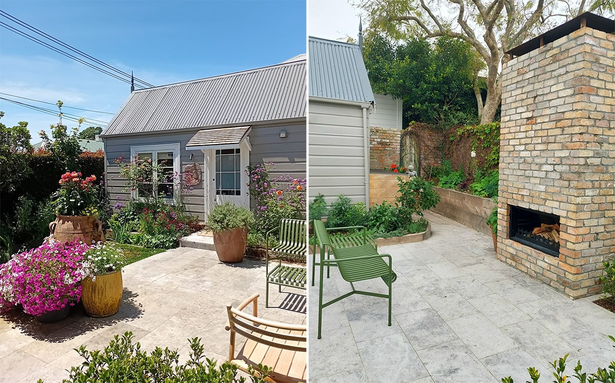 Shaping Nature & Sayburn Miller garden design with outdoor fireplace brick cladding