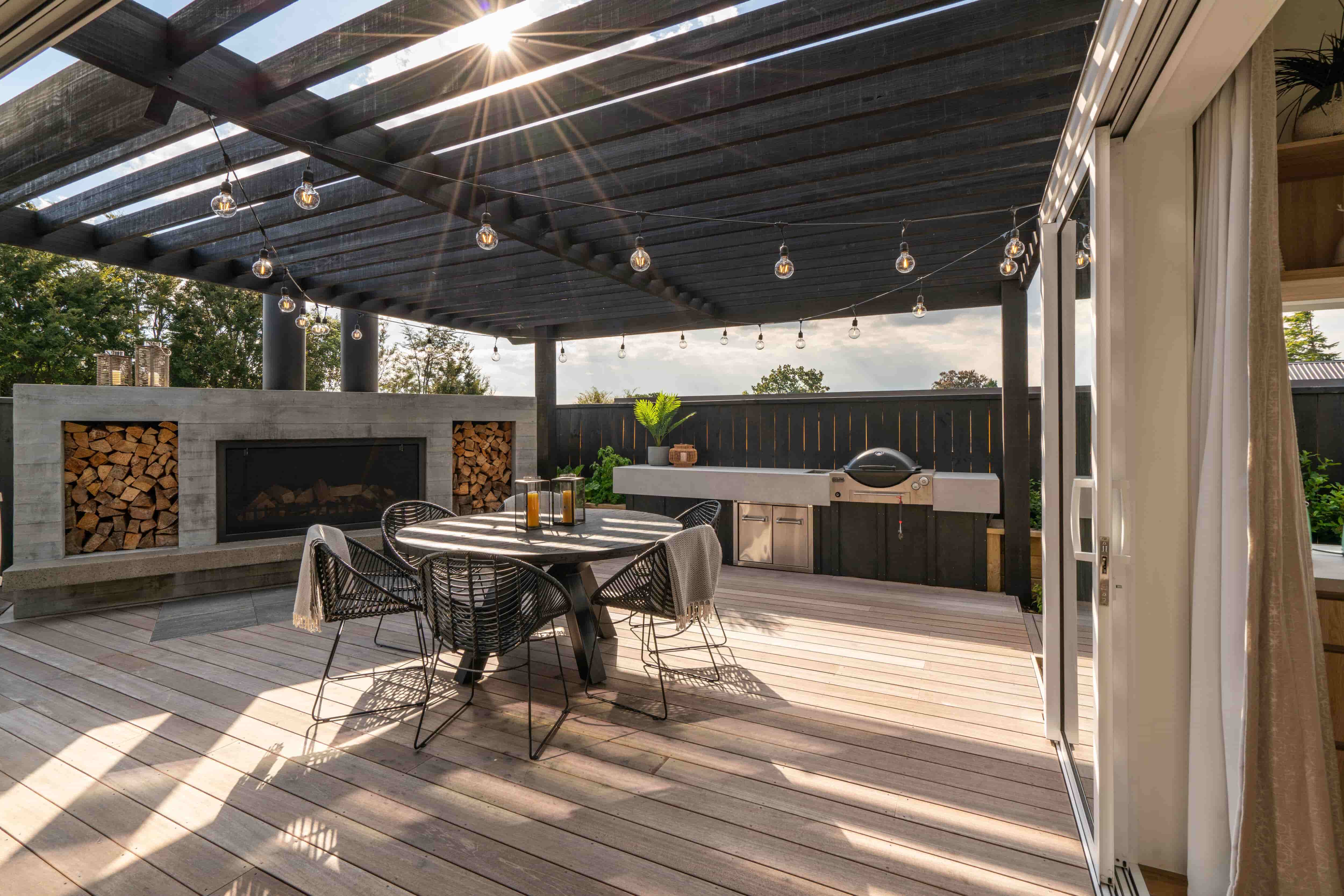 Outdoor fireplace with kitchen