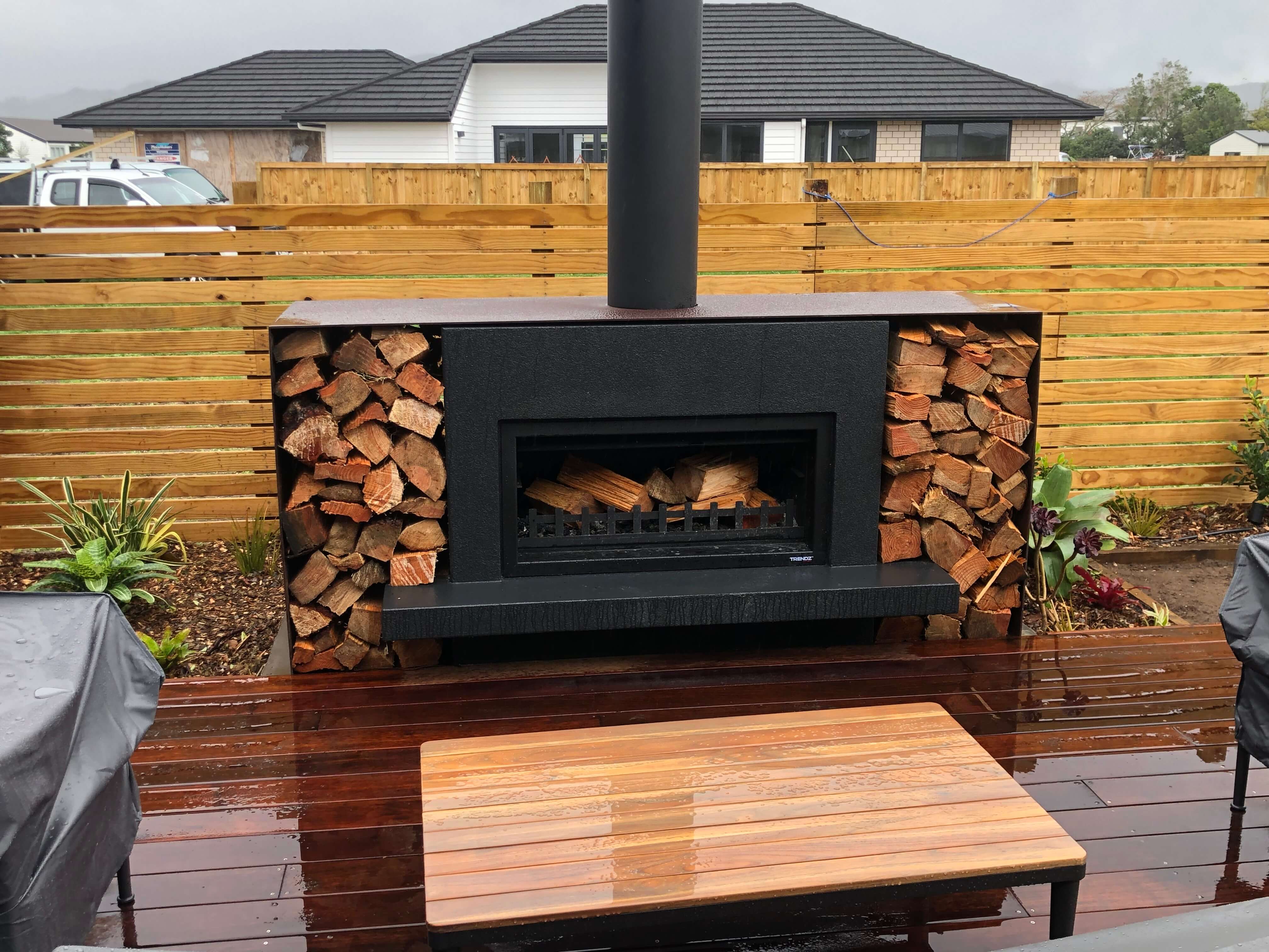 Outdoor landscaping with feature fireplace