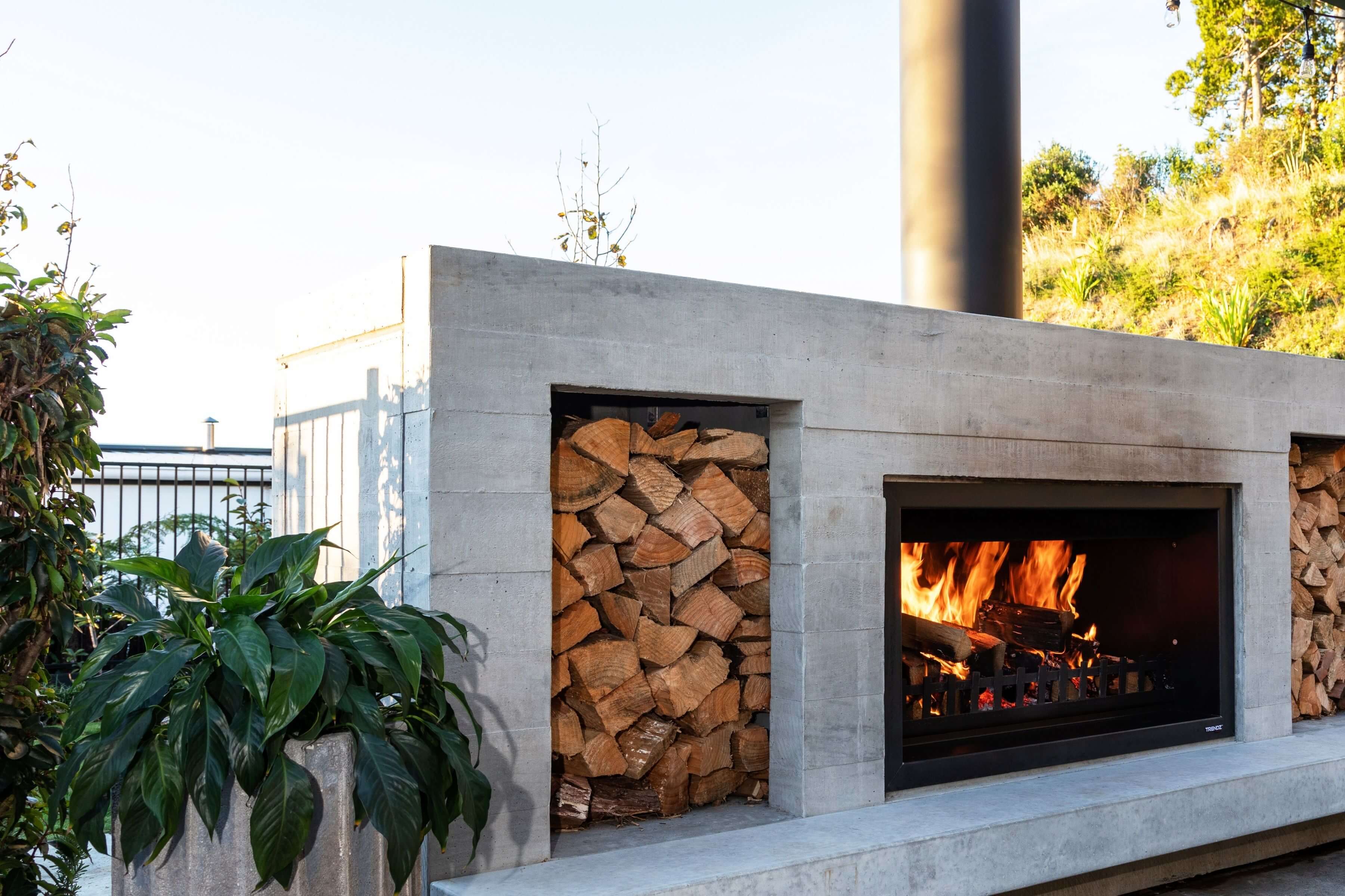 Wood boxes for outdoor fireplace